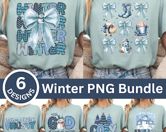 May include: A collection of six light blue t-shirts with winter-themed designs. The designs include a snowman bow, bows, Santa Claus, snow boots, a snowman, and text that says "Winter", "Feeling a little frosty", "Cozy season", and "Hello Winter".