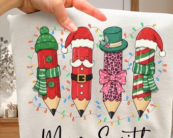 Preppy Christmas Teacher Png, Teacher Pencil Christmas Png, Coquette Xmas Sublimation Design, Merry Teacher Png, Xmas Gift For Teacher