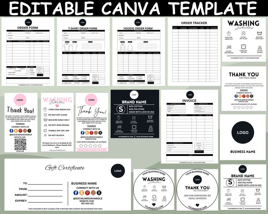 Editable Clothing Business Bundle| Order Form| Printable Care Cards ...