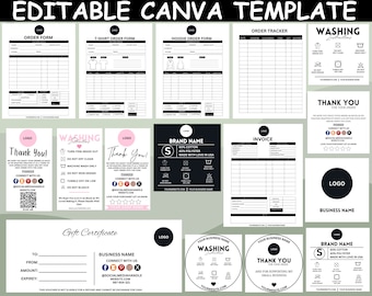Paquete editable para negocios de ropa / Formulario de pedido / Tarjetas de cuidado imprimibles / Instrucciones de lavado / Folletos de embalaje / Plantilla editable de Canva