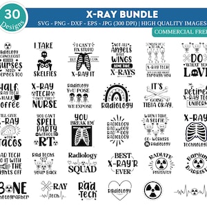 Könnte beinhalten: Ein Set mit 30 digitalen Designs in Schwarzweiß mit Röntgen-bezogenen Wortspielen und Illustrationen. Die Designs beinhalten Sätze wie "Ich mache Skelfies", "Röntgentechniker, nicht die Krankenschwester", "Radiologie-Team" und "Bester Röntgenarzt aller Zeiten".
