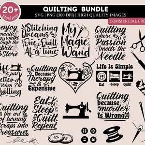 May include: A collection of 20+ quilting designs featuring black text on a light brown background. The designs include phrases like "Stitching Dreams One Quilt At a Time", "My Magic Wand", "Quilting Where Passion Meets the Needle", "Life is Just Better When I'm Quilting", "Quilting Because Therapy is Expensive", "Eat Sleep Quilt Repeat", and "Quilting is the Art of Turning Scraps into Treasures".