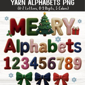 May include: A digital graphic featuring yarn-style letters and numbers in various colors. The image includes the word "MERRY" with a Christmas tree, the word "Alphabets", numbers 1 through 9, and decorative bows. The text "YARN ALPHABETS PNG" is at the top.
