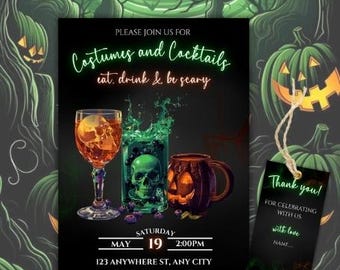 May include: Halloween-themed invitation with the text "Costumes and Cocktails." The invitation features a cocktail glass with a skull, a green cocktail, and a pumpkin mug. A "Thank you" tag is included.