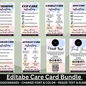 Editable Care Cards Bundle| Care Instructions| Printable Care Instructions| Editable Thank You Card| Care Card Instructions & PNG Included