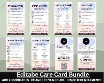 Editable Care Cards Bundle| Care Instructions| Printable Care Instructions| Editable Thank You Card| Care Card Instructions & PNG Included