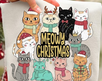 Preppy Meowy Christmas Png, Christmas Cat Png, Cute Christmas Cats Sublimation Design, Merry Christmas Png (Design Sublimation)