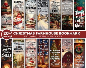 Puede incluir: Una colección de marcadores con temática navideña con varios diseños. Cada marcador presenta imágenes festivas como muñecos de nieve, interiores acogedores y citas navideñas como "Merry & Well-Read" y "Christmas Stories Feel Like Home".