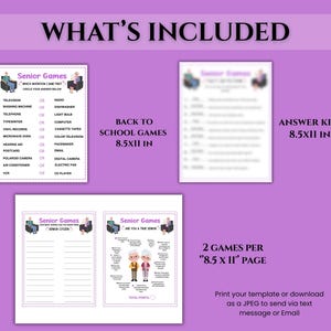 Peut inclure: Fond violet avec le texte "WHAT'S INCLUDED". L'image pr&eacute;sente des "Senior Games" sur des pages de 21,59 x 27,94 cm. Les jeux incluent "Which Invention Came First" et "Are You a True Senior?"