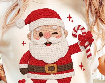 Faux Yarn Christmas Santa Png, Christmas Candy Cane Bow, Cute Santa Png, Retro Christmas Png (Sublimation Design)