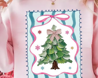 Coquette Christmas Tree Png, Preppy Whimsical Frame Striped Baroque Hand drawn Coquette Bow Seersucker Retro Pink Country Chic Patchwork