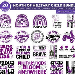 Pacchetto SVG PNG del mese del bambino militare / Viola per bambini militari Svg / Mese del bambino militare Svg / Patriottico Svg / Camicia per bambini Design Svg