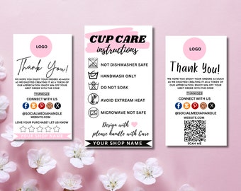 Editable Cup Care Card Template| Cup Care Label| Printable Tumbler Care Instructions Card| Washing Instructions| Small Business Packaging