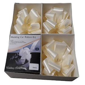 Ivory Wedding Car Ribbon Kit with 3 Ready Assembled Matching Pull Bows and 9 Metres of Matching Ribbon. Full Instructions Included.