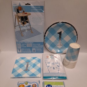 Blue Gingham 1st Birthday Tablewear, 1st Birthday Partywear, Plates, Napkins, Cups, Tablecover, Invitations, Cake Bunting, High Chair Decor