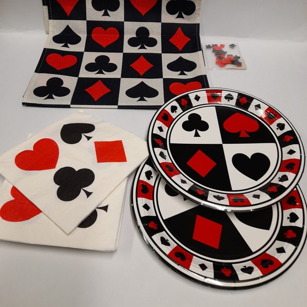 Articles de fête en papier de fête de poker du casino Las Vegas. Comprend des assiettes en papier, des serviettes en papier, des gobelets, un chemin de table en polyester et des confettis de table.