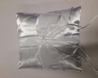 Handmade White Wedding Ring Cushion Pillow. Silky White Material, Matching White Satin Edged Organza Ribbon and Bow and 4 White Ring Ribbons