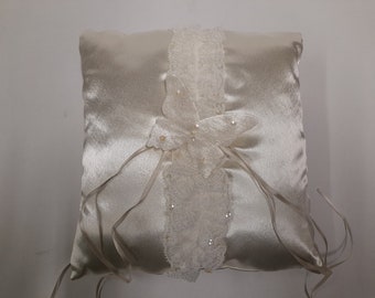 Handmade Ivory Wedding Ring Cushion Pillow. Silky Ivory Cream Material, Matching Lace and Butterfly Decorated with Sequins, 4 Ivory Ribbons