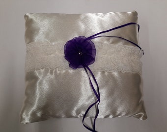 Handmade Ivory Wedding Ring Cushion Pillow. Silky Ivory Cream Material, Matching Ivory Lace with Purple Flower, Diamante, 4 Purple Ribbons