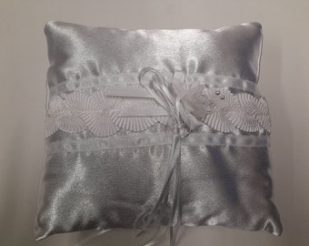 Handmade White Wedding Ring Cushion Pillow. Silky White Material, Matching White Satin Pleated Ribbon and Flower and 4 White Ring Ribbons