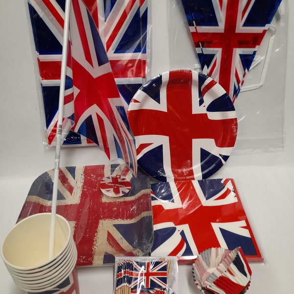 Union Jack Party. Union Jack Plates,Napkins, Cups, Table Cover, Bunting, Flags,Wavying Flags,Bowler Hats,Braces,Cupcake Cases,Cupcake Picks.
