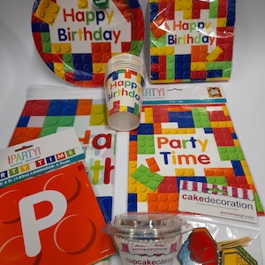 Building Blocks Party Supplies: Plates, Cups, Napkins, Tablecover Set