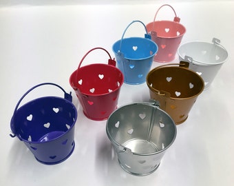 Mini Metal Buckets/Pails with Heart Cut Outs in White, Silver, Gold, Baby Blue, Baby Pink, Fuchsia & Purple. Craft Supply. Great Prices !