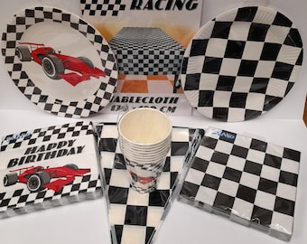 Chequered Flag Racing Party Tableware, Plates, Napkins, Cups