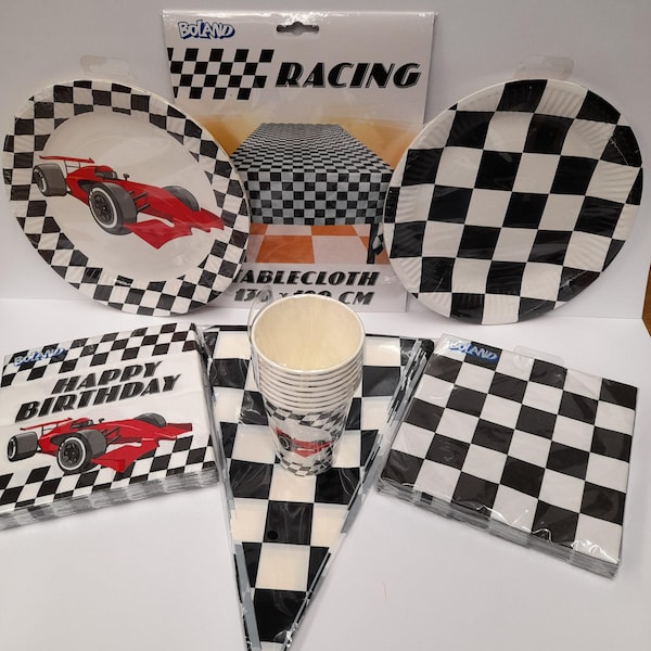 Chequered Flag Racing Party Tableware, Plates, Napkins, Cups