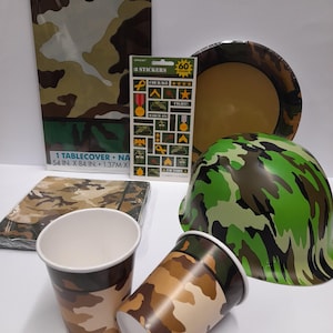 Camouflage military army partywear. military party plates, napkins, cups, tablecover. soldiers hat, invites. stickers. camo party,army party