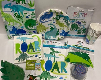 May include: Dinosaur party supplies including a table cover, napkins, plates, cups, cupcake toppers, a game, and a dinosaur-shaped cookie cutter. The items are all green, blue, and white with dinosaur illustrations.
