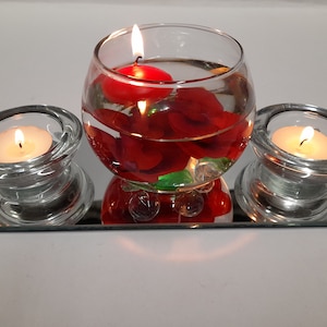 Red Floating Candle Centre Piece Set with Mirror Plate Base, Glass Bowl, Artificial Flowers, Glass Tealight Holders and Floating Candle.