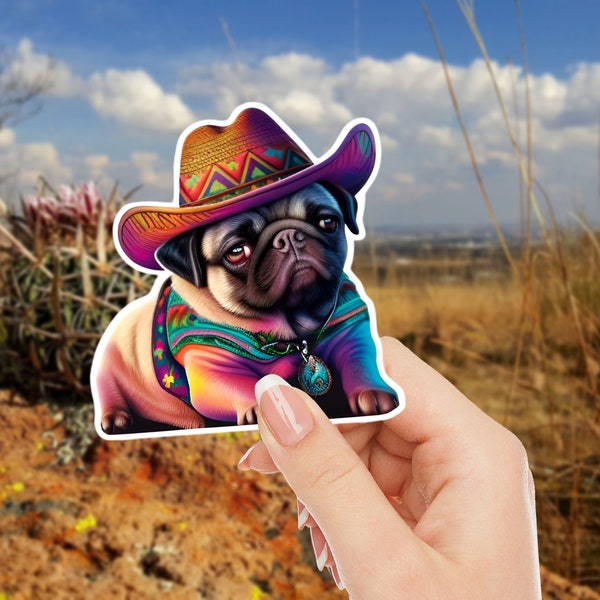 Pug Cowboy Sticker | Water-Resistant Sticker For Laptops, Consoles, Planners, Notebooks, Journals | Size Options | Funny Dog Sticker