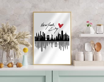 Arte mural de la ciudad de Nueva York / Horizonte de la ciudad de Nueva York / Blanco y negro moderno / Impresión digital minimalista / Decoración del hogar descargable e imprimible / Nueva York