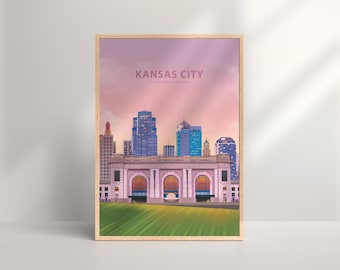 Atardecer en Kansas City / Arte mural de Kansas City / Impresión de póster digital / 5 tamaños de archivo JPEG / Arte mural rosa y morado / Póster de viaje / Misuri