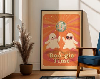 Arte de pared "It's Boo-gie Time" / Arte retro vintage / Bola de discoteca con fantasmas danzantes / Descarga digital / Decoración de Halloween