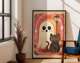 Arte mural caprichoso de Halloween / Descarga digital de gato y fantasma / Póster vintage para decoración espeluznante