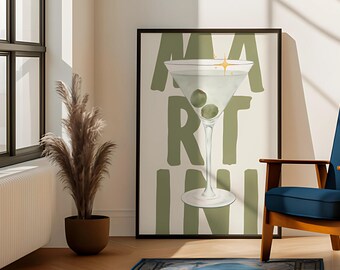 Arte mural minimalista de martini verde / Impresión artística de cóctel salvia / Descarga digital