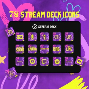 May include: A set of 72 colorful Stream Deck icons with a purple, pink, and yellow color scheme. The icons feature various designs, including hearts, stars, and geometric shapes. The icons are arranged in a grid on a black background. The text "STREAM DECK" is displayed at the top of the image.