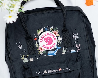Hand Embroidery on Fjallraven Kanken Backpack with Sea Star, Whales and Sea Turtles Kanken Backpack Embroidered Whales and Sea Turtles