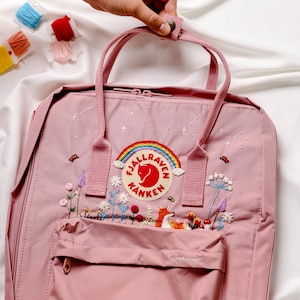 Fleur personnalisée, Renard brodé Kanken, Lettres du nom brodées dans le sac à dos, Marguerite brodée dans le sac à dos, Arc-en-ciel, Sac personnalisé, Porte-monnaie