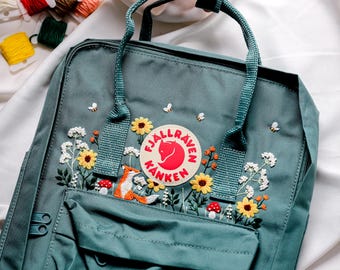 Kanken Backpack Embroidered with Fox, Sunflower, Mushroom and Bee | Cute Unique Custom Embroidered School Rucksack | Gift for Daughter
