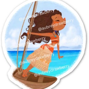 May include: A circular sticker featuring a cartoon illustration of a person with long dark wavy hair standing on a small wooden boat. The person wears an orange patterned top and a beige skirt, with the ocean and a blue sky in the background.