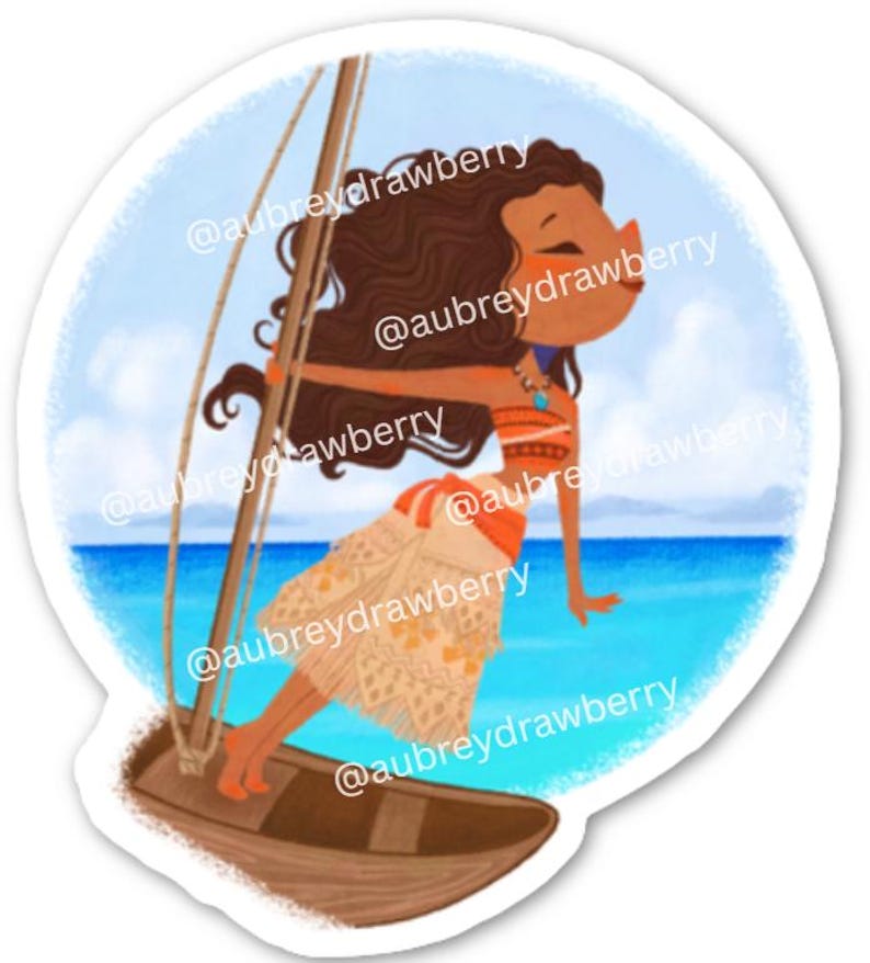 May include: A circular sticker featuring a cartoon illustration of a person with long dark wavy hair standing on a small wooden boat. The person wears an orange patterned top and a beige skirt, with the ocean and a blue sky in the background.