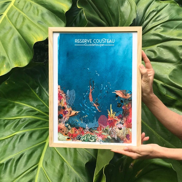 Aquarelle de Guadeloupe Plongeuse dans la reserve cousteau