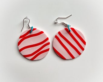Round Stripes Bright Red and Pink Earrings / Unique gift / Statement earring / Bridesmaid gift / Clay earring