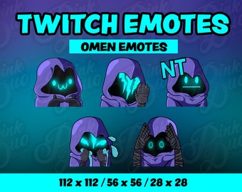 May include: Five purple and blue Twitch emotes featuring a hooded figure with different facial expressions. The emotes are labeled "NT" and "OMEN EMOTES".