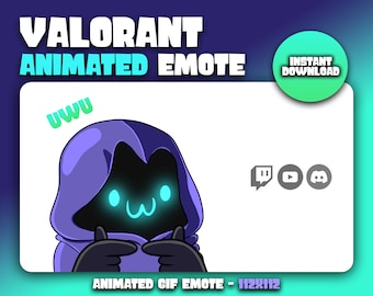 May include: A digital graphic for a Valorant animated emote. The emote features a character in a purple hood with a glowing face and the word "uwu". The image includes social media icons and the text "Instant Download". The animated GIF emote is 112x112 pixels.