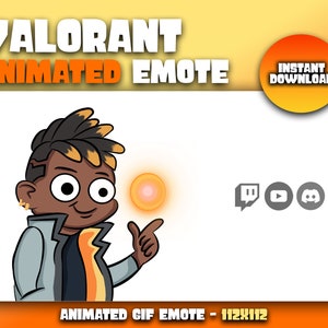 May include: Animated GIF emote for Valorant featuring a cartoon character with orange and black hair, wearing a grey jacket and pointing to a glowing orange orb. The emote is 112x112 pixels and includes icons for Twitch, YouTube, and Discord.