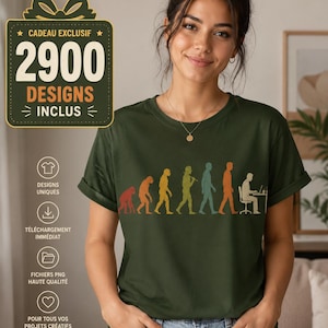 May include: An olive green t-shirt featuring a graphic print of human evolution, starting from a primate and progressing to a person sitting at a desk with a computer. The graphic uses a retro colour palette of red, yellow, green, and blue.